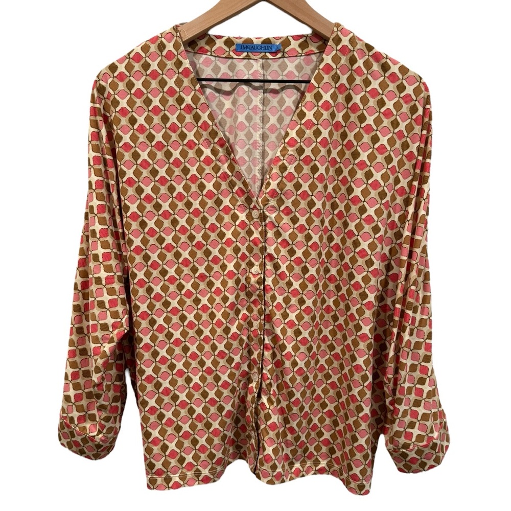 J. McLaughlin Retro Button Down V Neck Dolman Sleeve Geometric Stretch Blouse- L
